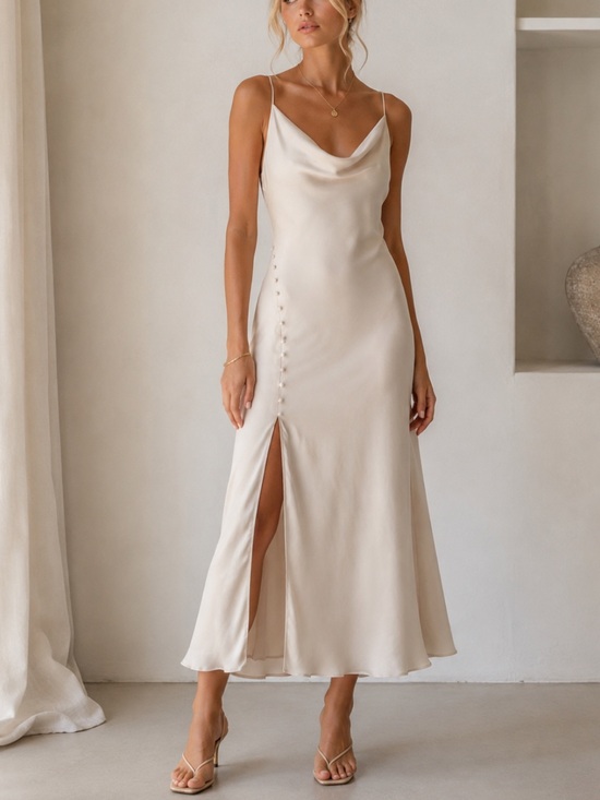 Zara Dresses & Skirts - ZARA Cream Cowl Neck Satin-Effect Buttoned Slip Midi Dress Small 8604